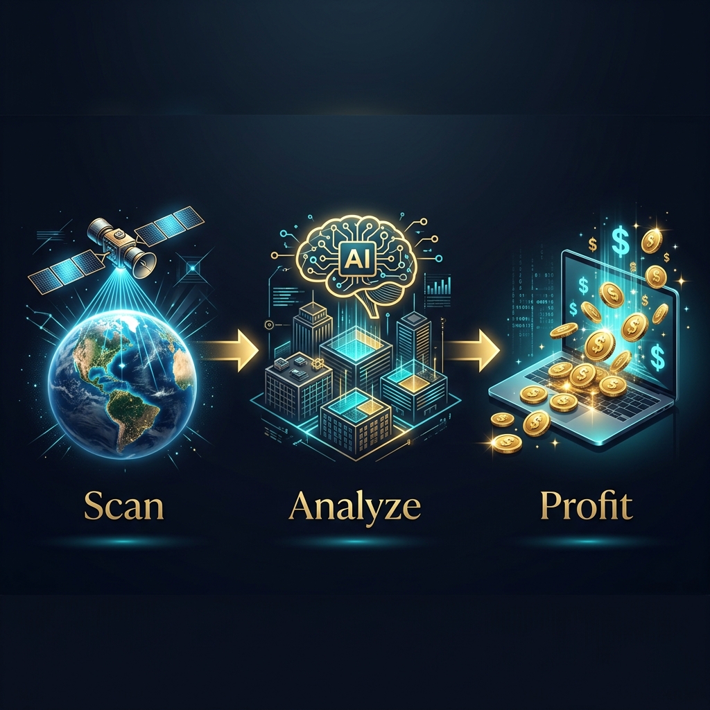 3-step process: Scan satellite imagery, Analyze with AI, Profit from client contracts